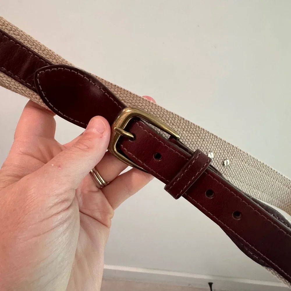 Brighton Nautical Canvas Leather Belt Brass Marlin Tuna‎ Fish  Brown Tan 44